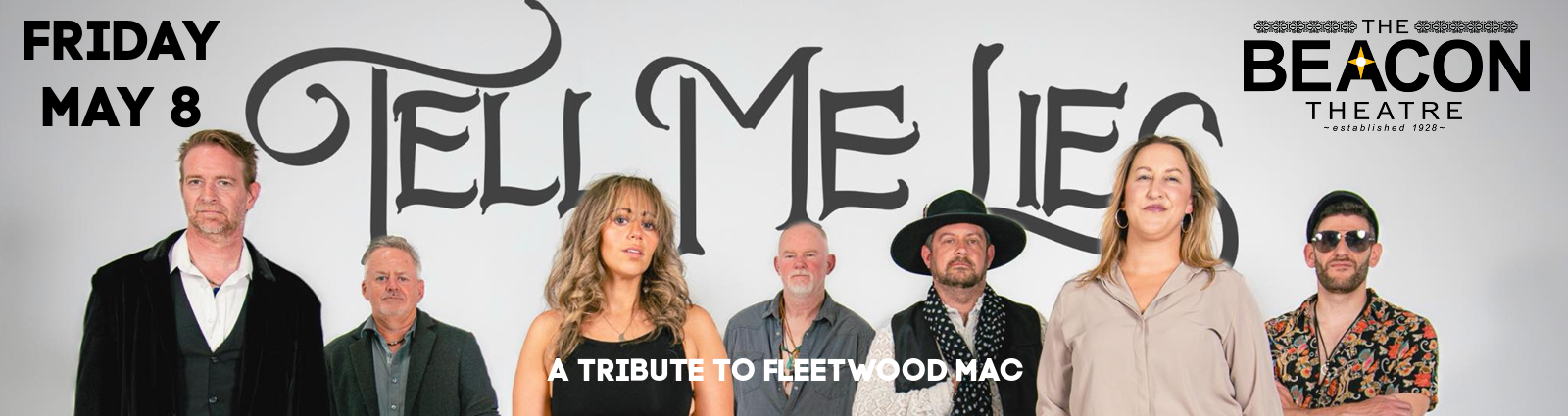 Promotional banner for a Fleetwood Mac tribute show at The Beacon Theatre on Friday May 8, featuring the band lineup.