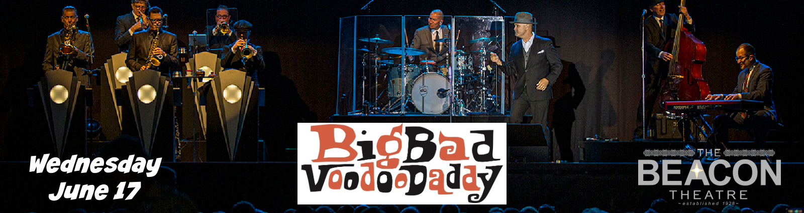 Concert poster featuring a big band on stage with horns, drums, and a glass drum enclosure, centered by the 'Big Bad Voodoo Daddy' logo, plus date and Beacon Theatre branding.
