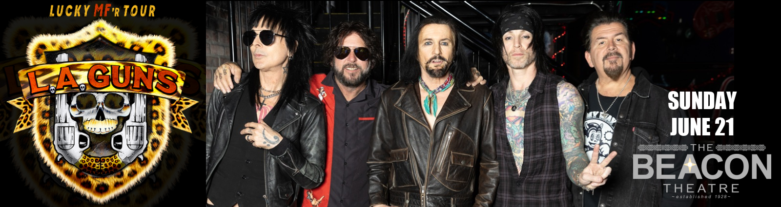Left: LA GUNS logo with a fiery badge; center: four rock band members posing in leather jackets; right: 'Sunday June 21' and 'BEACON THEATRE' text.